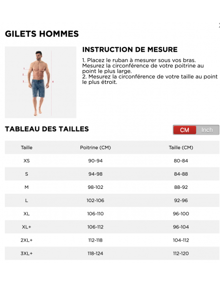 Tableau des tailles gilet homme JOBE